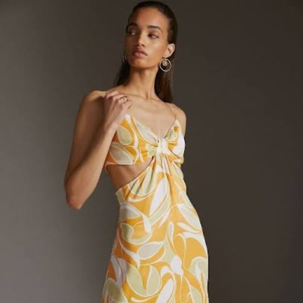 Anthropologie Cutout Printed Slip Midi Dress Medium Yellow White Green 2X
